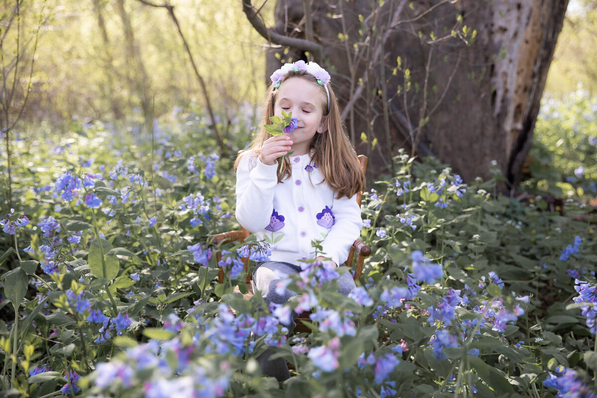 A young girl sniffs bluebells in Harford County, Maryland during her lifestyle family photos