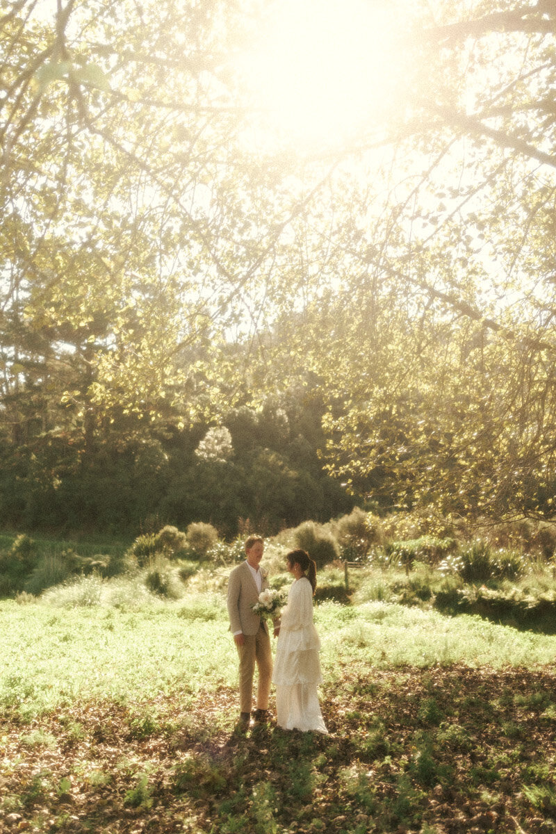 A vintage wedding portrait taken of a couple under the trees in Whakatane by Eilish Burt Photography