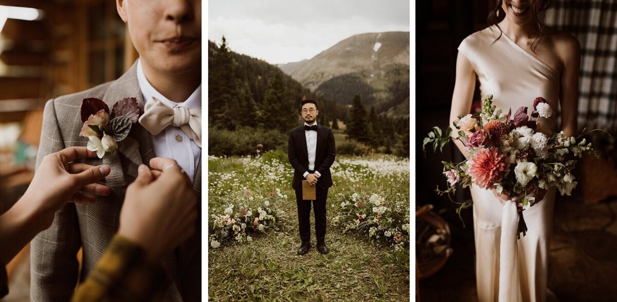 elopement+female+boutonniere_ground+floral+design+for+mountain+elopement+ceremony_cream,+coral+and+burgundy+wild+bridal+bouquet