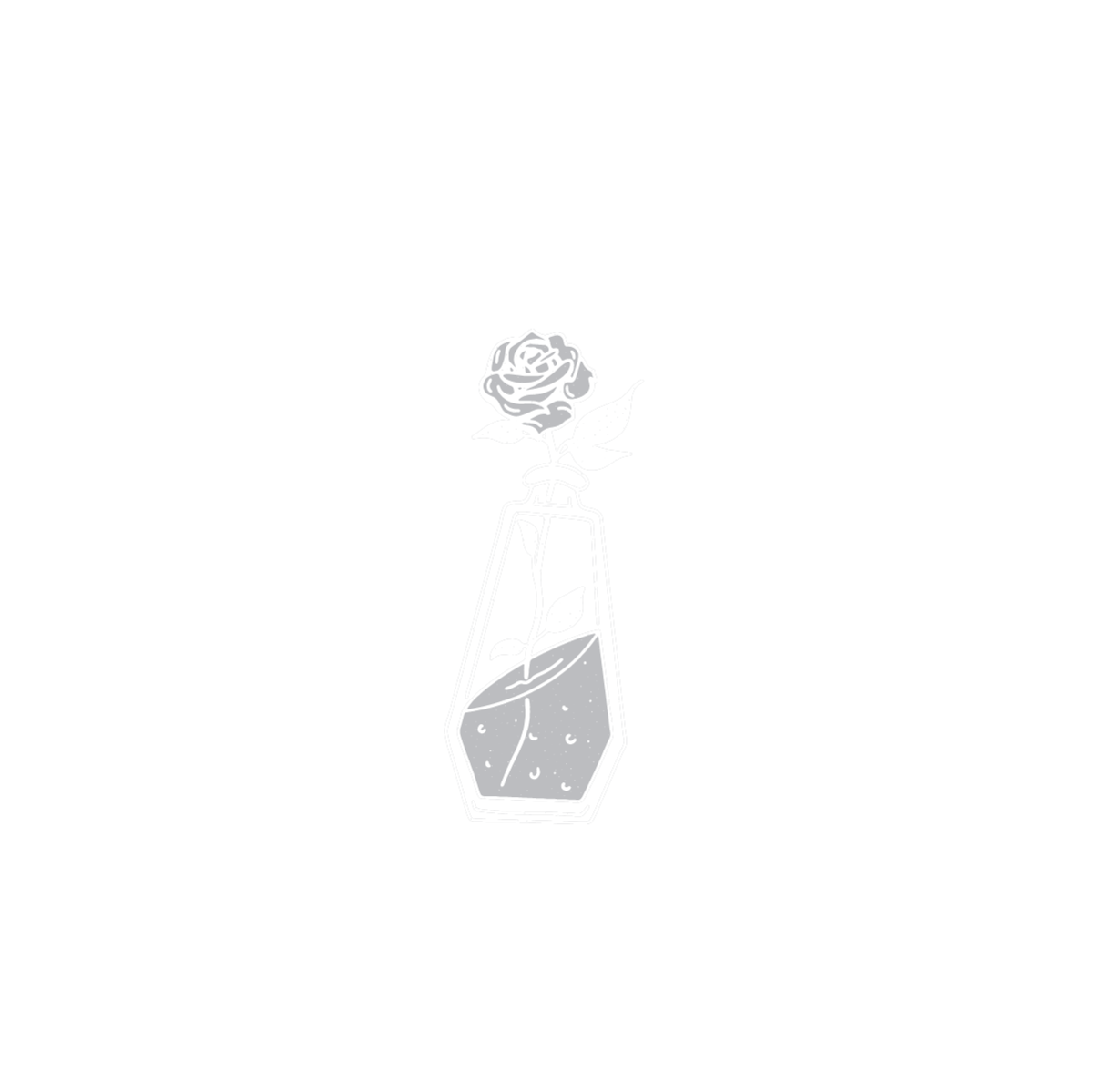 A white circular logo for Violent Delights Tattoo Club and a coffin shaped poison bottle and rose.