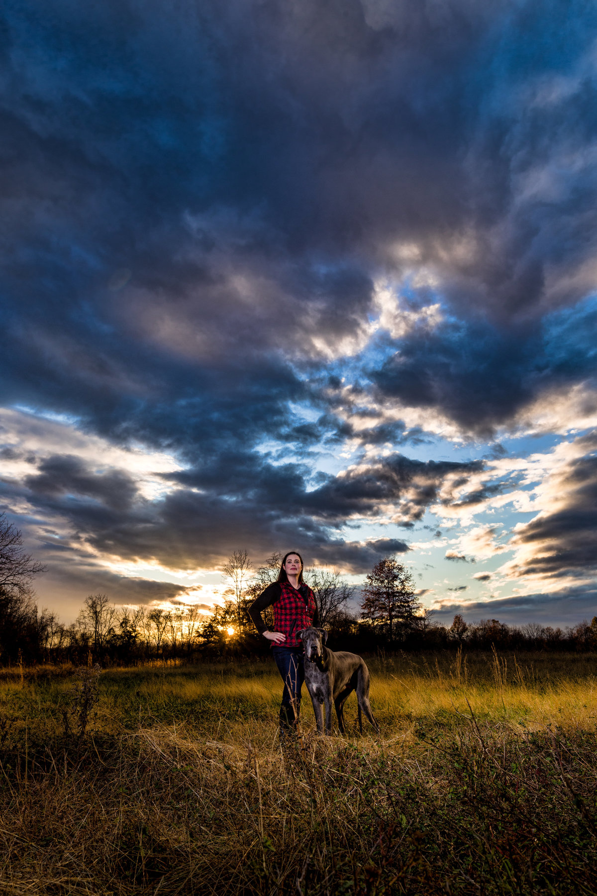 great dane and owner with sunset