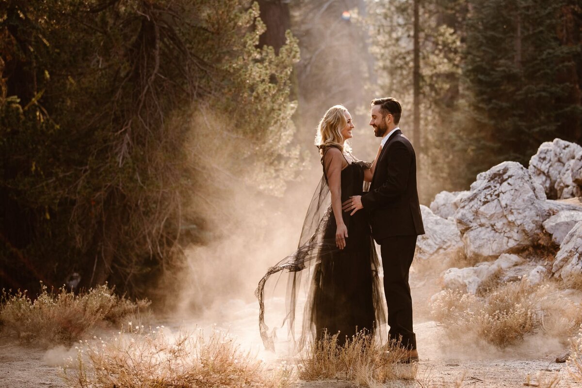 Black dress engagement photos in Yosemite