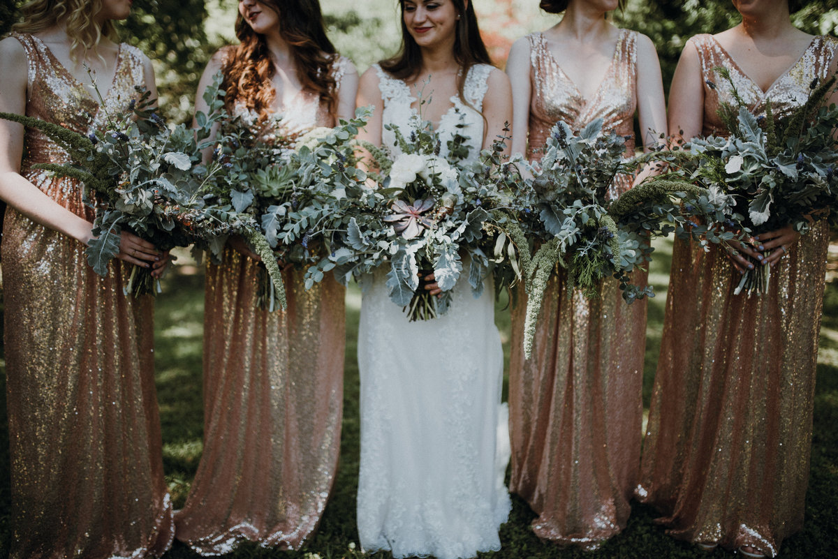 Bride and her bridesmaids with gold sequin bridesmaids dresses at this beautiful Adams Estate wedding