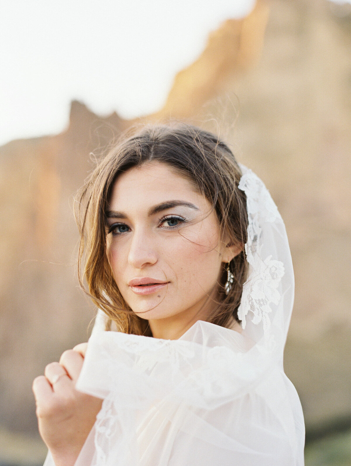 Bride with loose hair wears a wedding veil and looks at the camera.