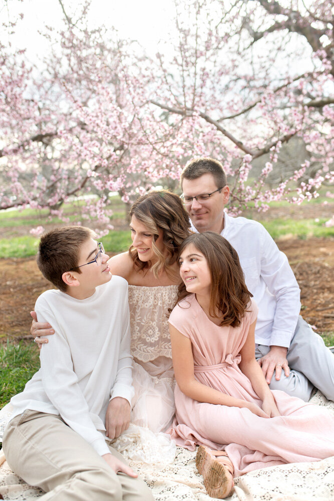 Family session located outside near cherry blossom fields