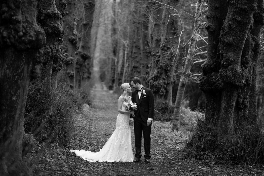 Black and white of couple on thier wedding day at Pentillie Castle
