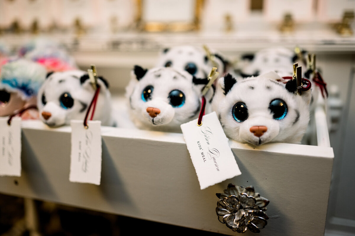 Beanie Babies arranged in a buffet cabinet drawer with escort cards clothespinned to their ears, creatively displaying a children’s seating chart for a 50th anniversary celebration at the Northern Hotel in Billings, MT