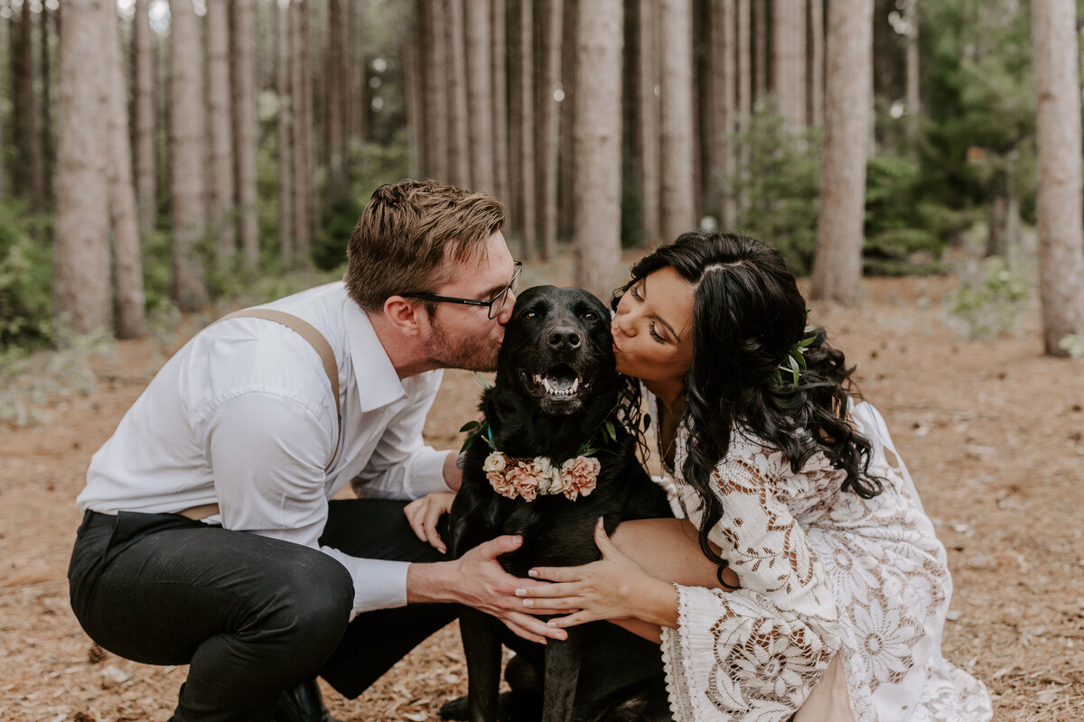 Bride and Groom kissing their black lab on their wedding day at Pinewood Wedding and Event center.