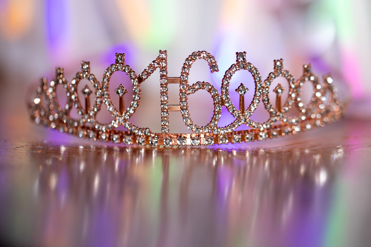 Detail shot of a rhinestone crown with 16 in it Briarcliff Manor Sweet 16 Photographer Westchester Milestone images