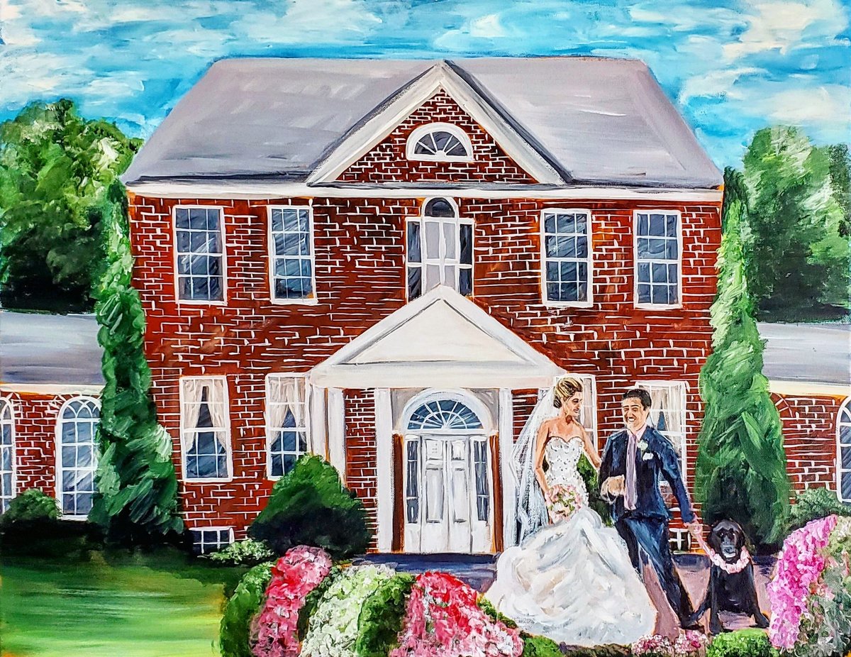 Bride and groom painted portrait at wedding venue