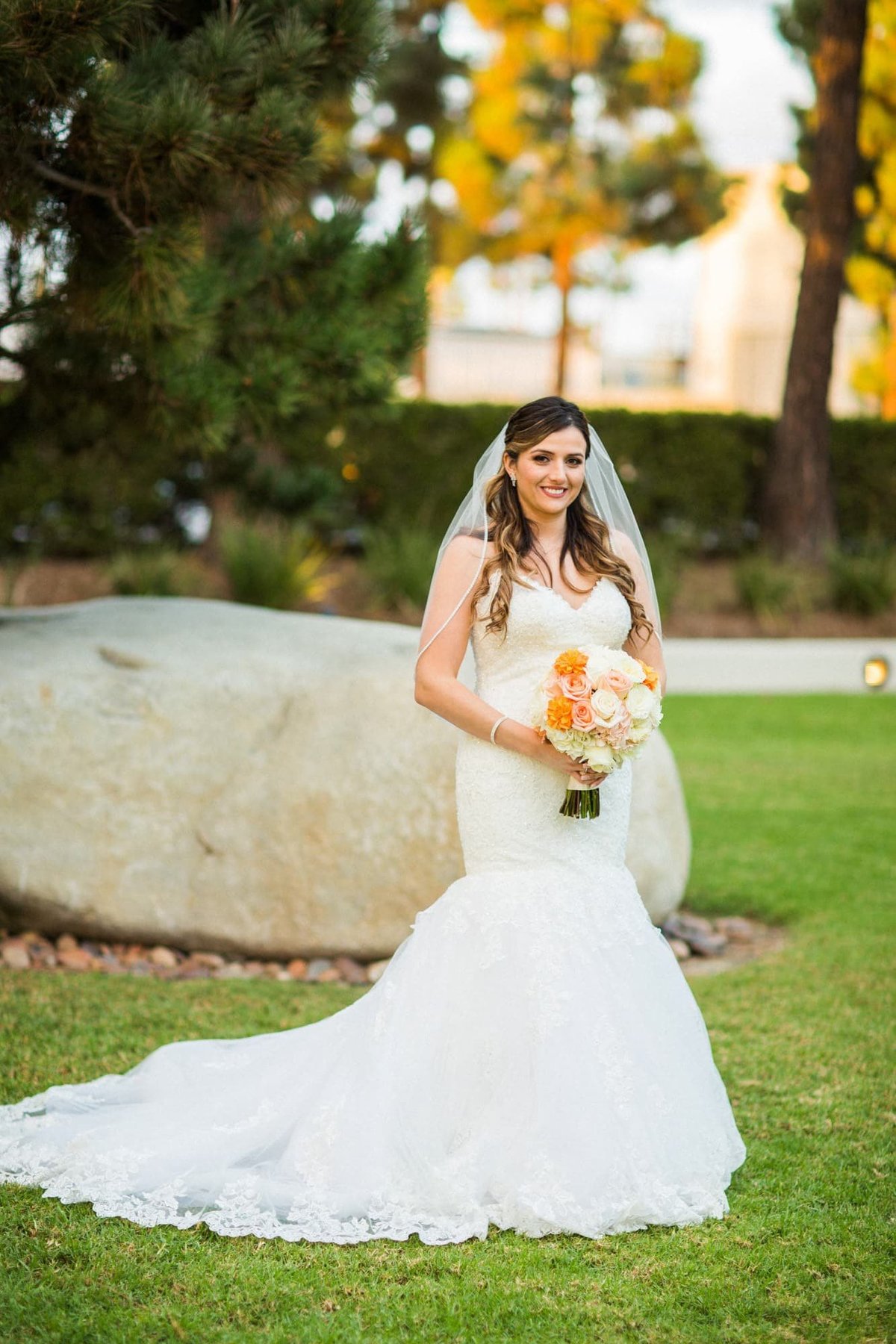 Beautiful Bride poses for the wedding photographer with her train fanned out