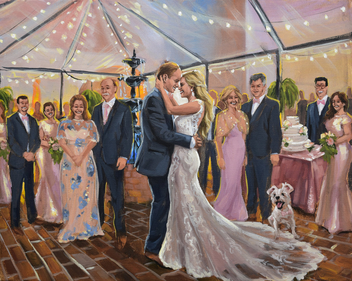 bride and groom dance under clear tent at wedding venue, Wedding Portrait Paintings From Photos