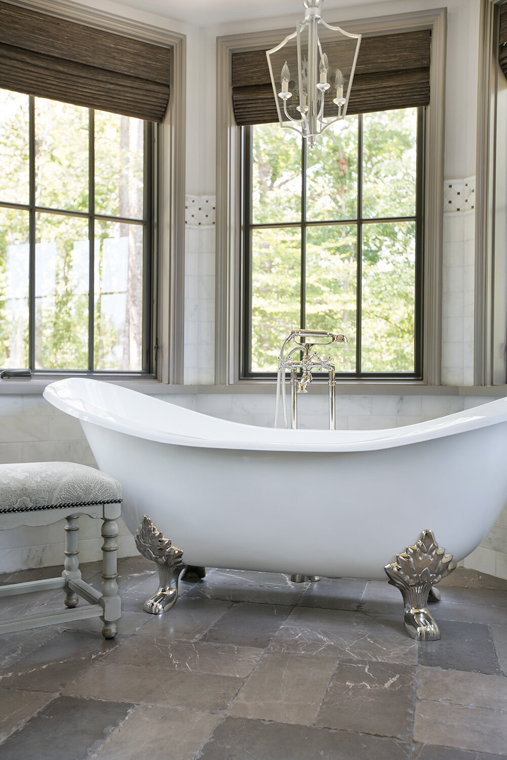 Panageries Residential Interior Design | Traditional Mountain Roost Master Bathtub with Feet, Bench, and Chandelier