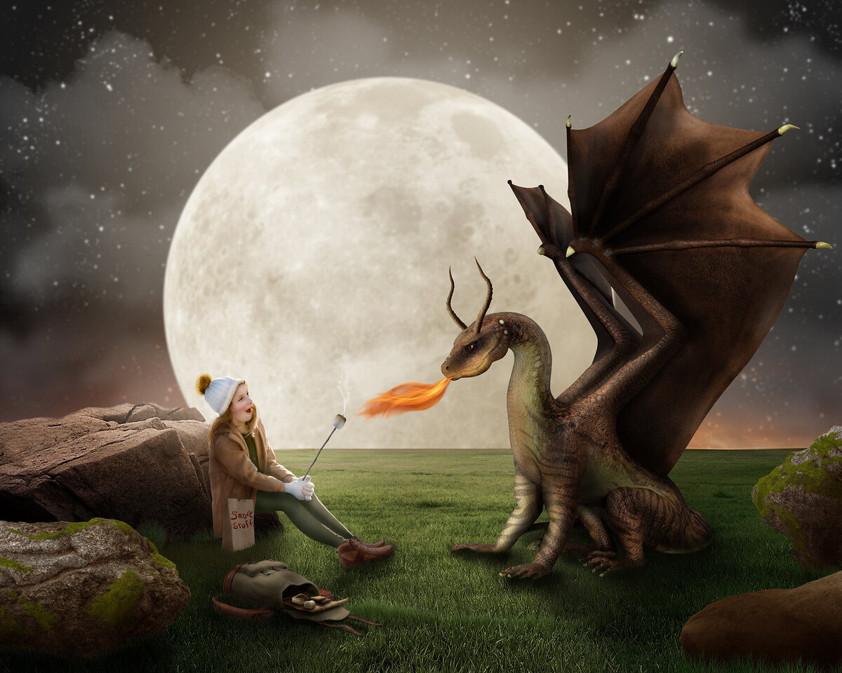 A young girl in hiking gear resting on a rock and roasting smores from the fire breath of a dragon while a large moon rises behind them