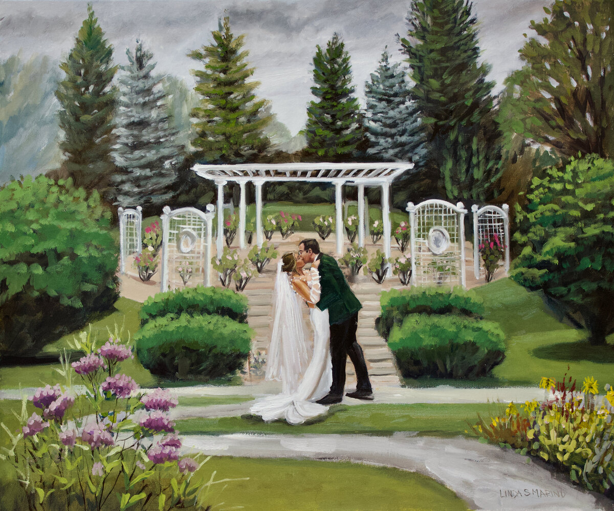 live wedding painting of bride groom first kiss in botanical garden providence RI