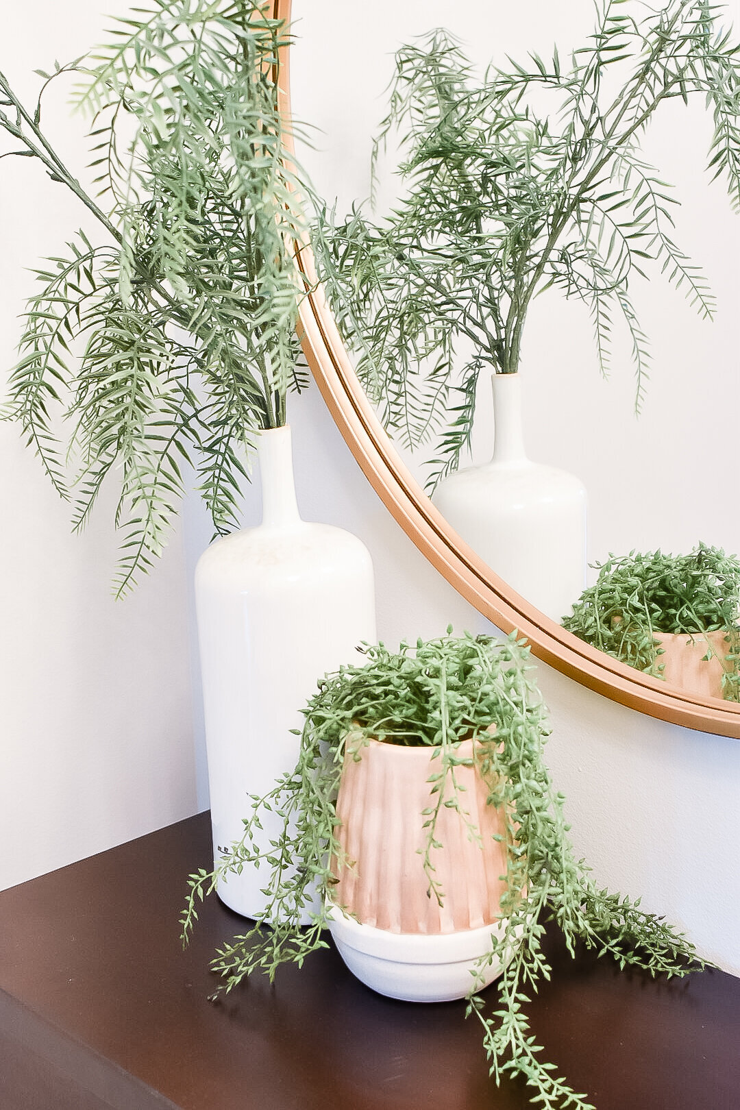 A plant sits in front of a mirror on the entryway console