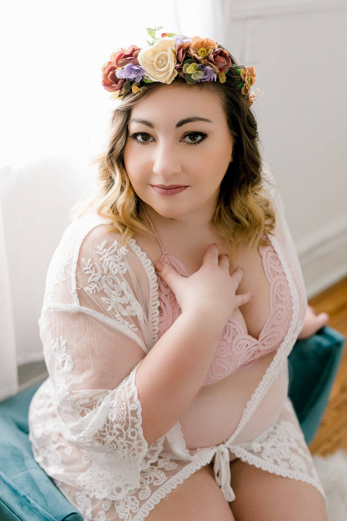 white lace lingerie and flower crown on woman