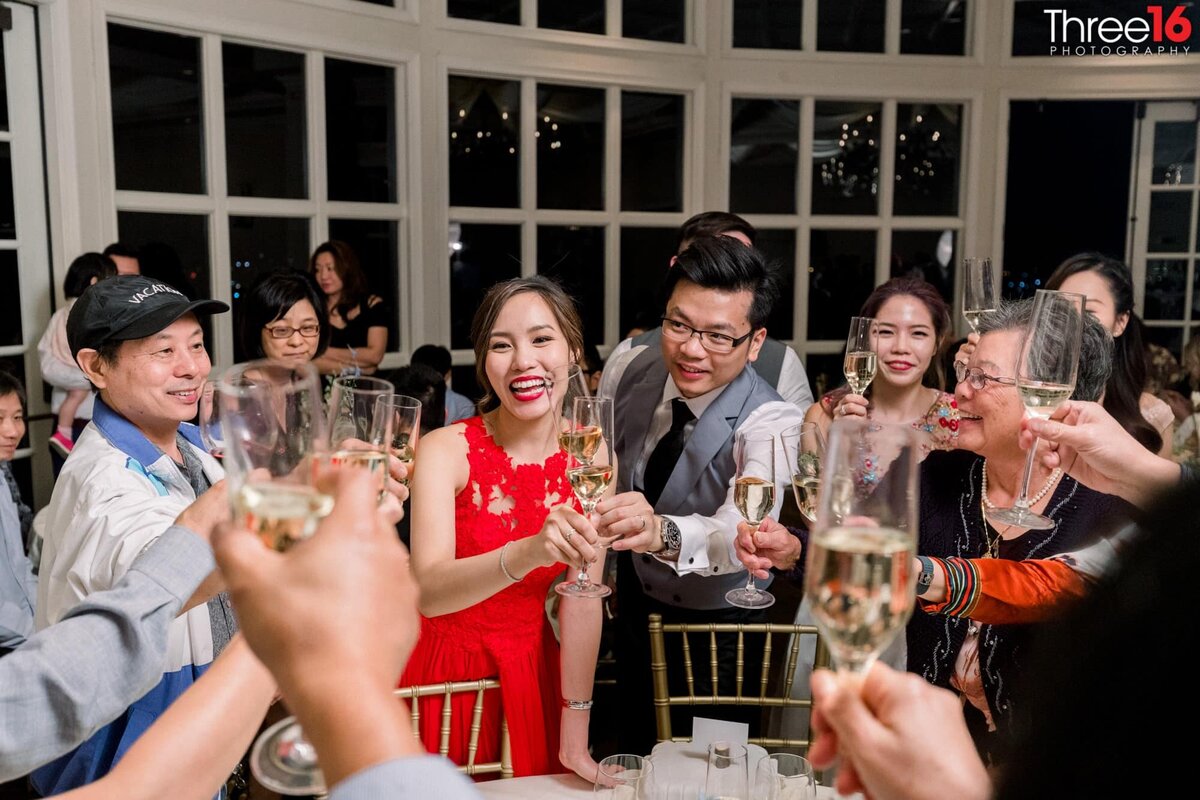Wedding guests toast along with the Bride and Groom