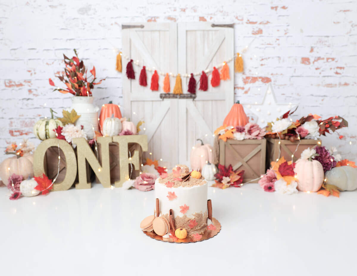 Custom pumpkin-themed birthday cake smash photo taken in Rochester, NY.