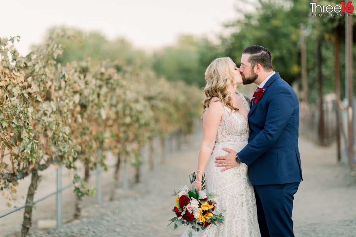 Groom holds his Bride as they share a kiss in the middle of a winery orchard