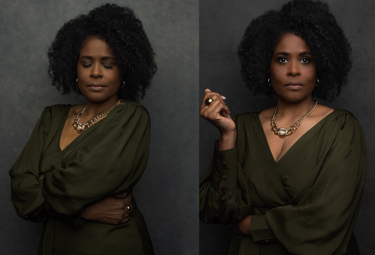 Elegant portraits of a woman with a rich, voluminous afro set against a subdued backdrop in Cincinnati's downtown studio. Her deep green attire complements the gold jewelry, adding sophistication. The two images capture a sense of calm reflection and assertive confidence.