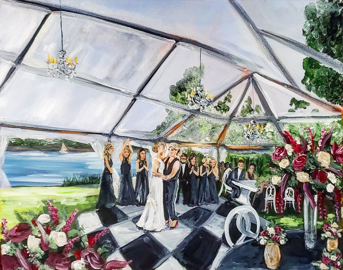 First dance live wedding painting of same sex LGBTQ lesbian couple at their clear tent wedding reception