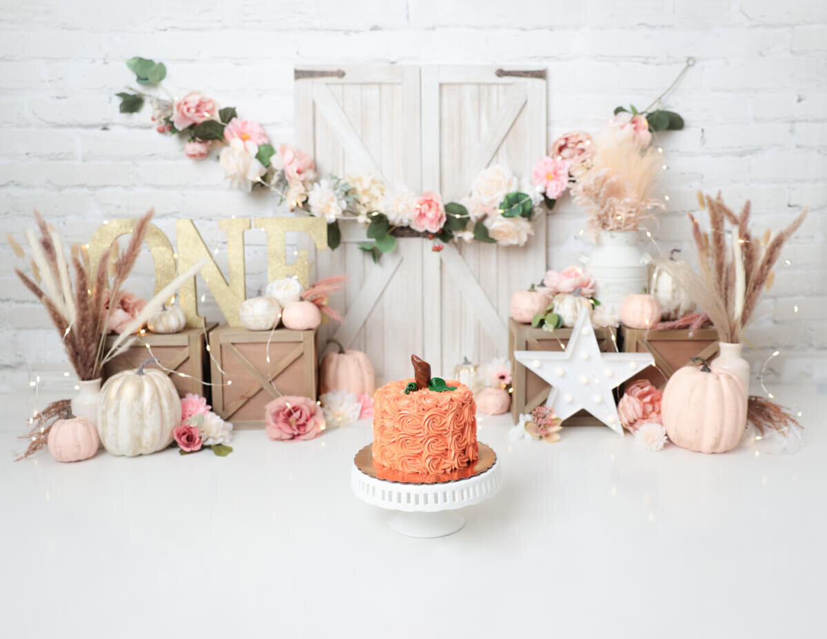 Fall-themed cake smash session featuring pumpkins in Rochester, NY.