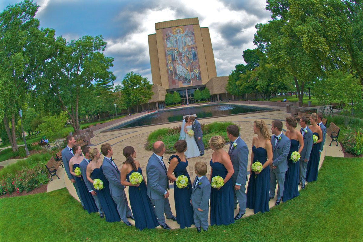 Bridal Party Portrait on "God Quad" in front of Touchdown Jesus and Hessburgh Memorial Library at the University of Notre Dame