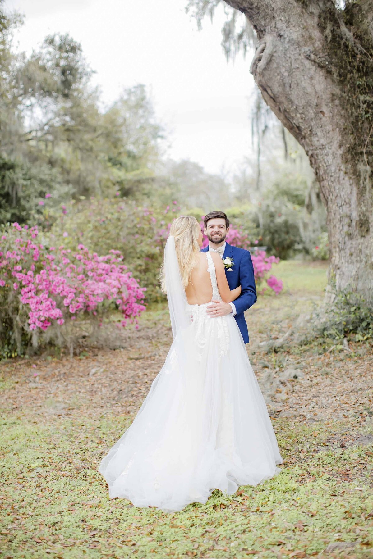 Bride and groom on wedding day at Legare Waring House, Charleston