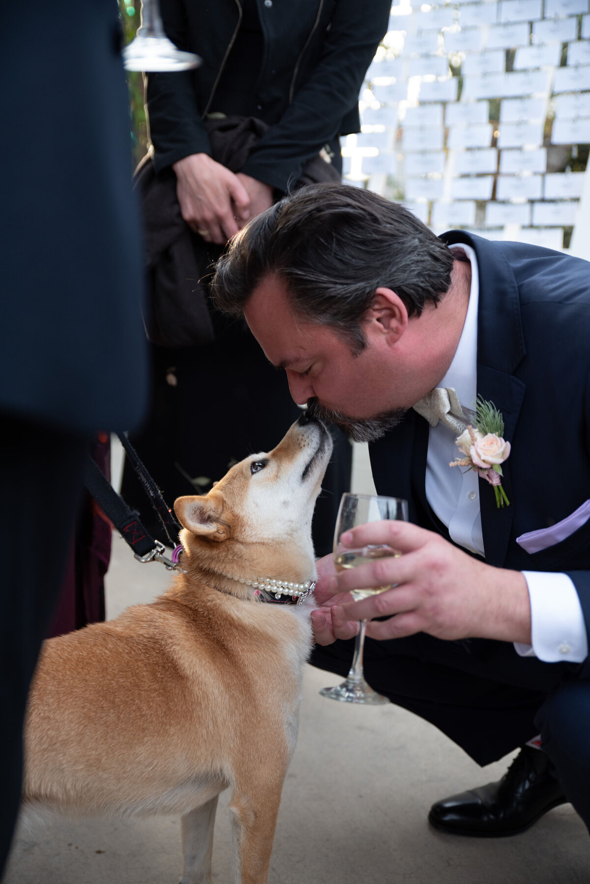 broom kissing his dog at his wedding