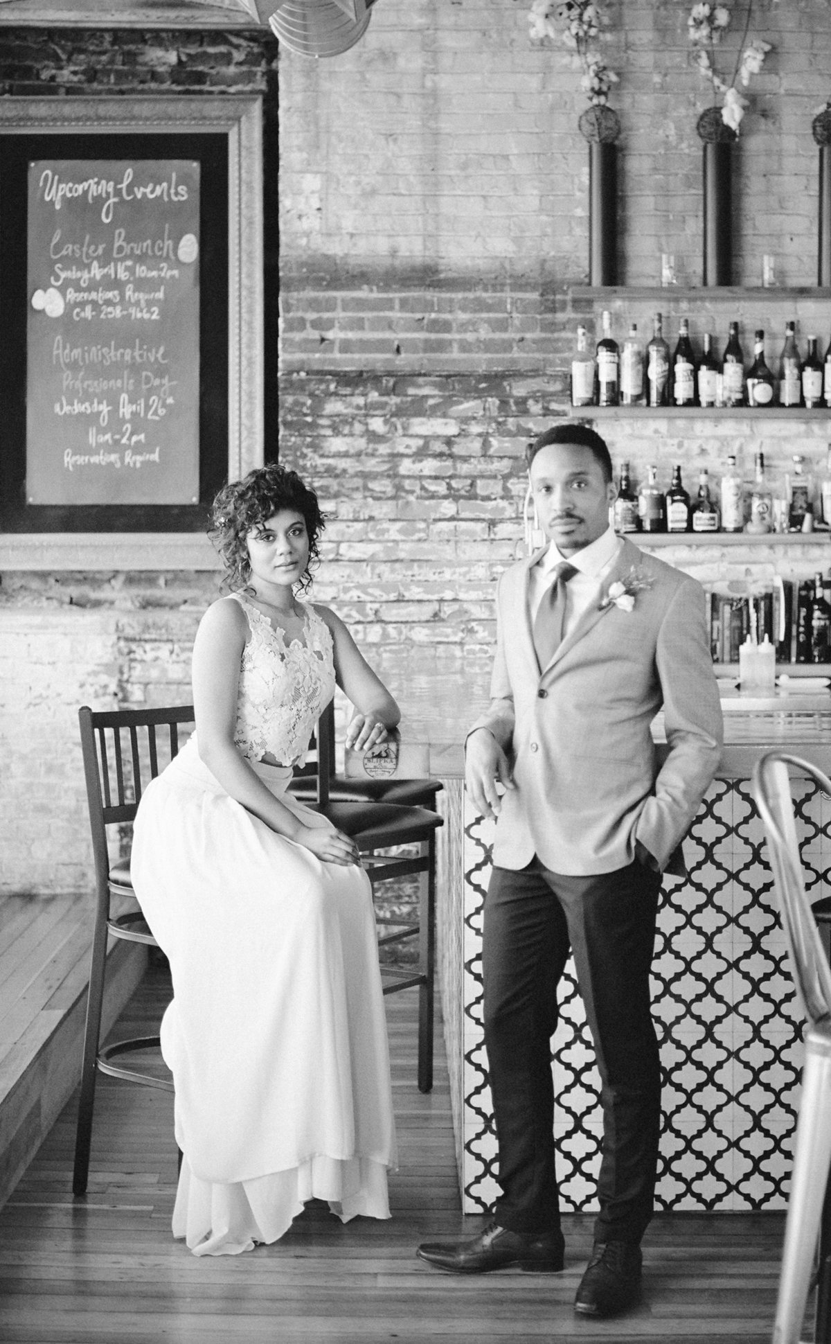 film photography bleu duck styled shoot with bride and groom in formal portraits at the bar