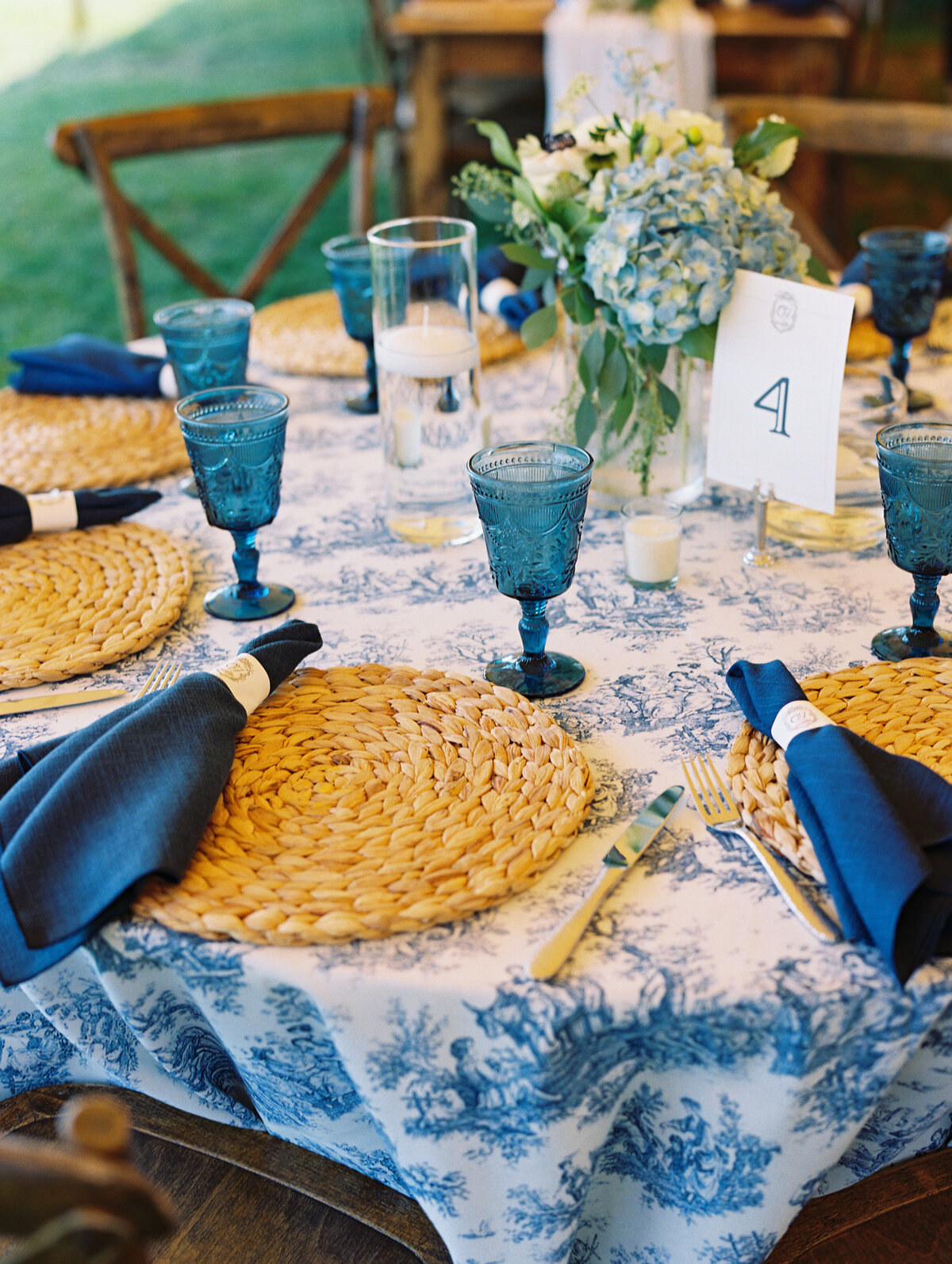 Dusty blue and white wedding reception in Maine