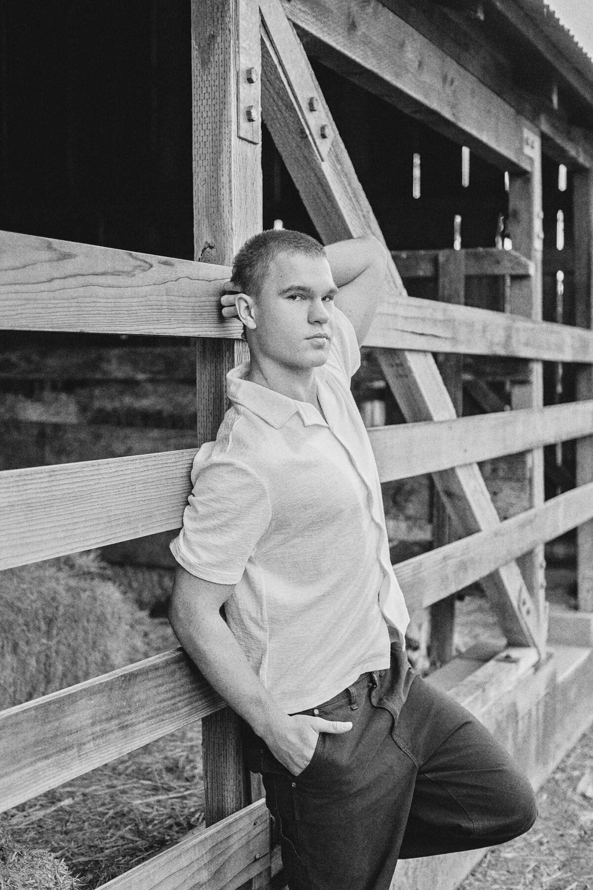 Black and white senior guy pictures at an old barn in Dublin, CA