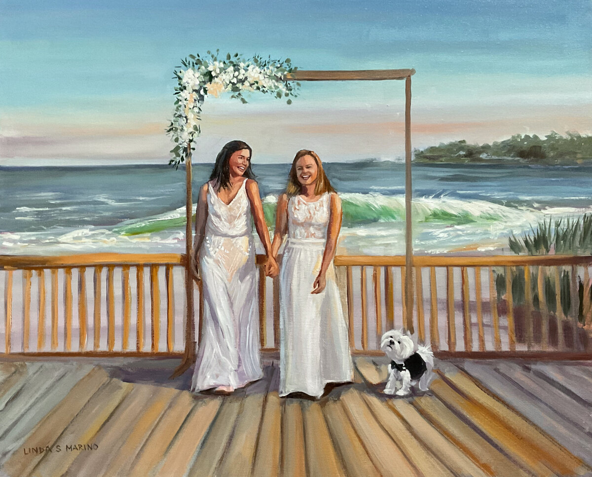 live wedding painting of couple and dog outdoor beach side ceremony