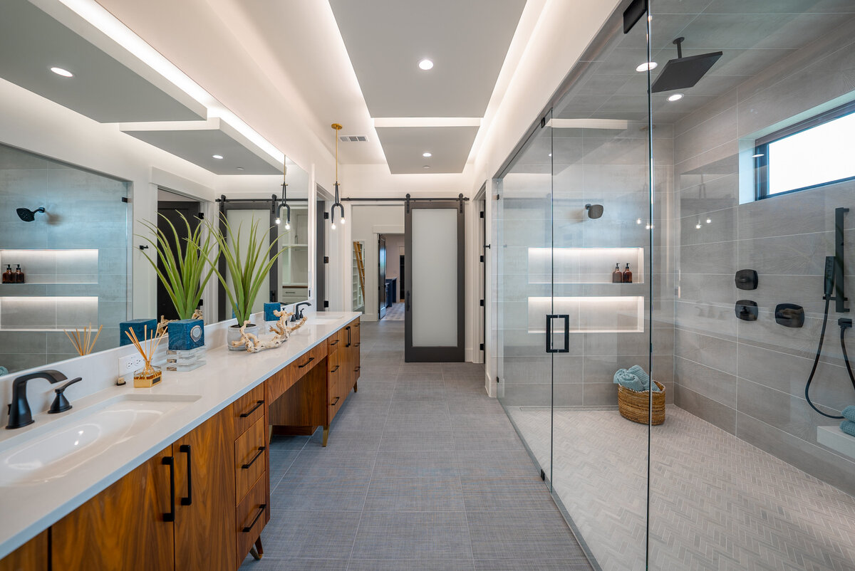 Spa-like primary bathroom in spec home