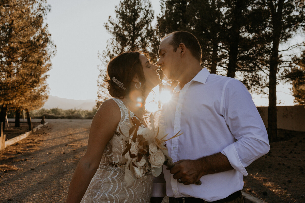bride and groom kissing between pine trees with the sun setting behind them