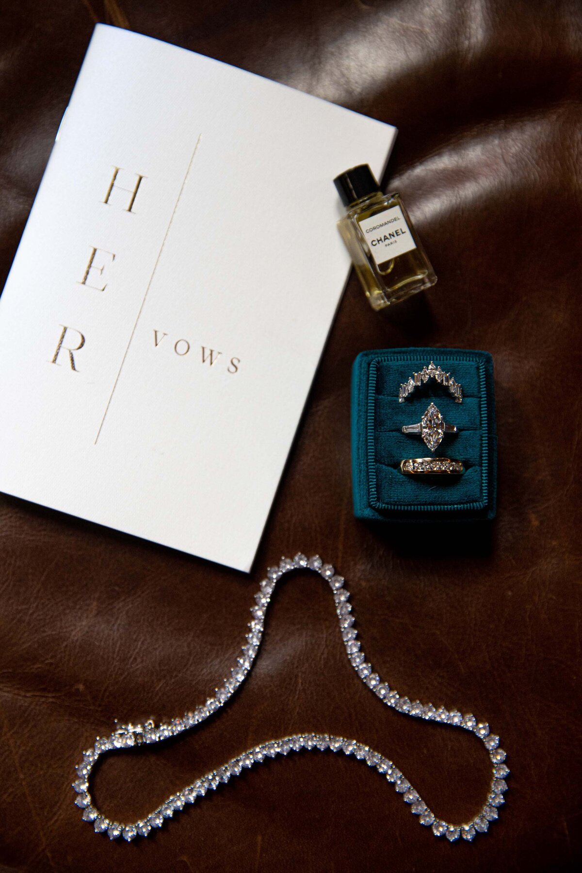 Jewelry next to a book with vows.