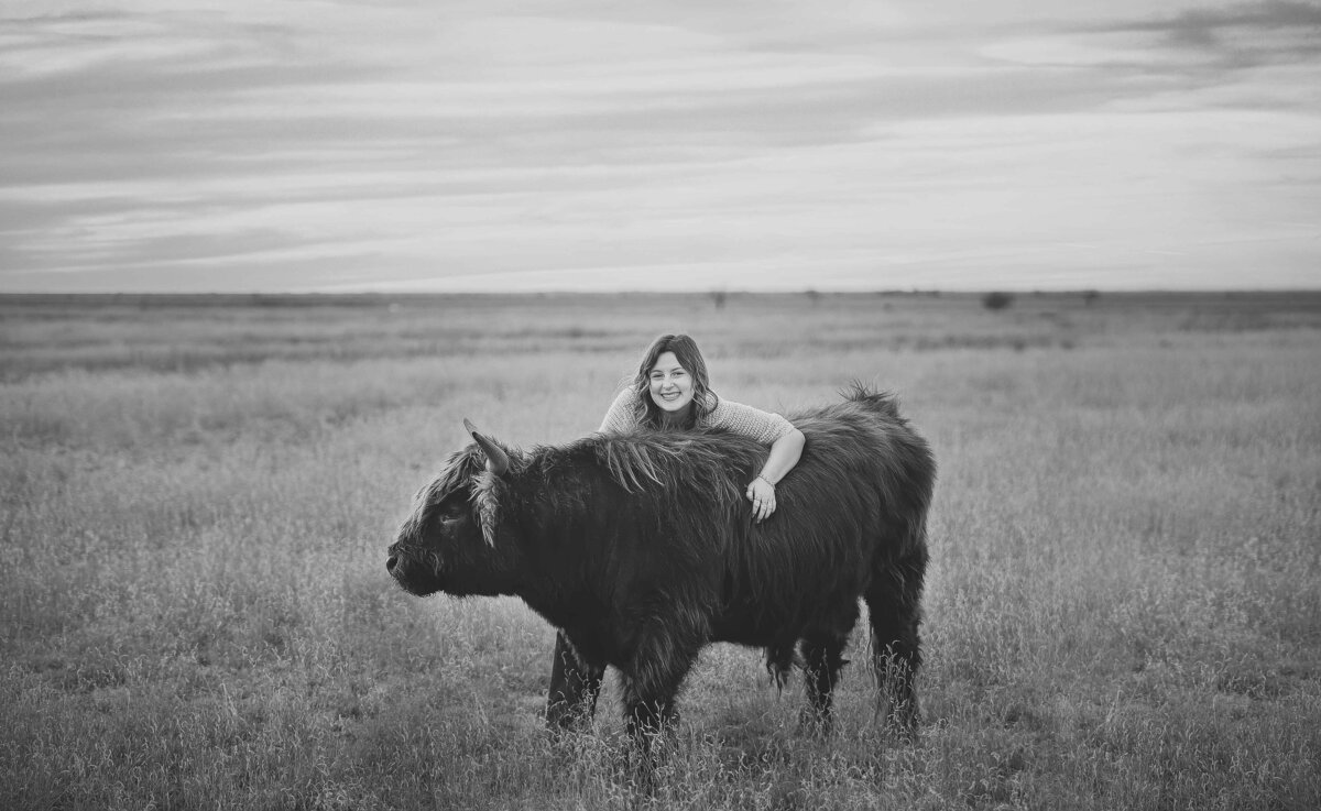 girl hugging a mini highland cow in black & white