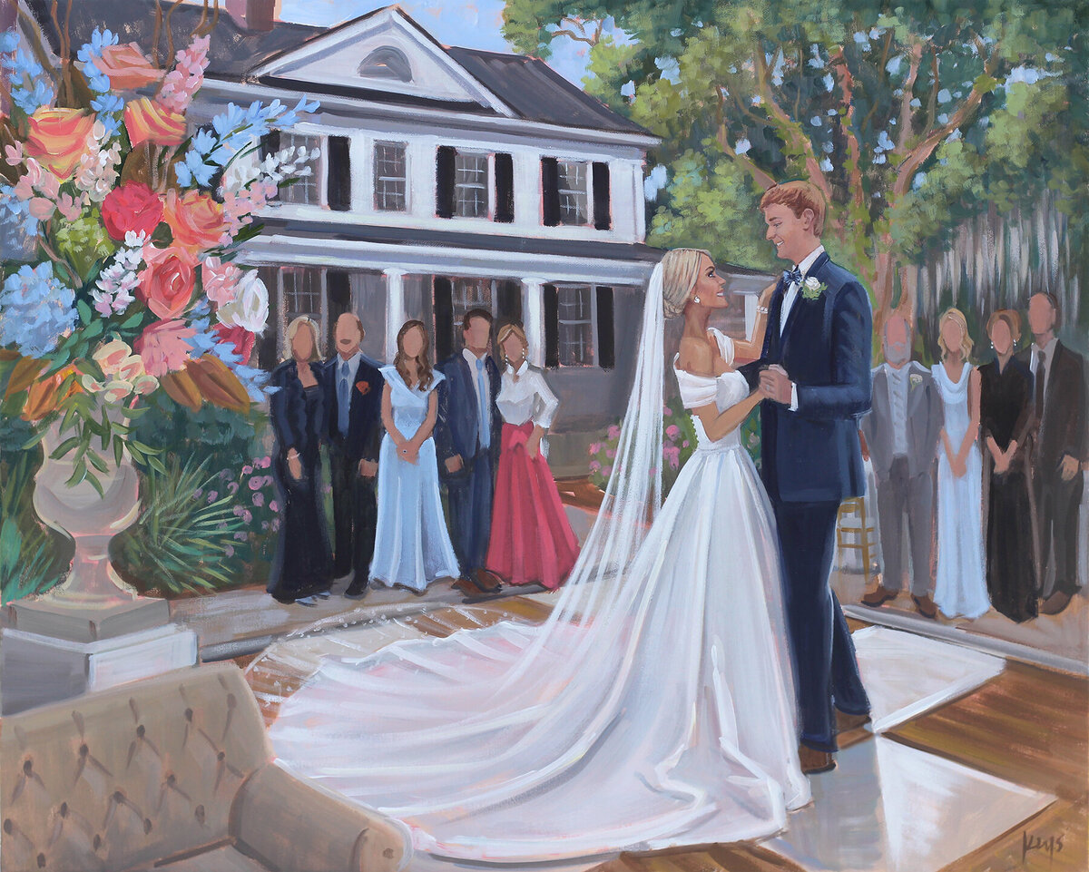 wedding painting in front of house