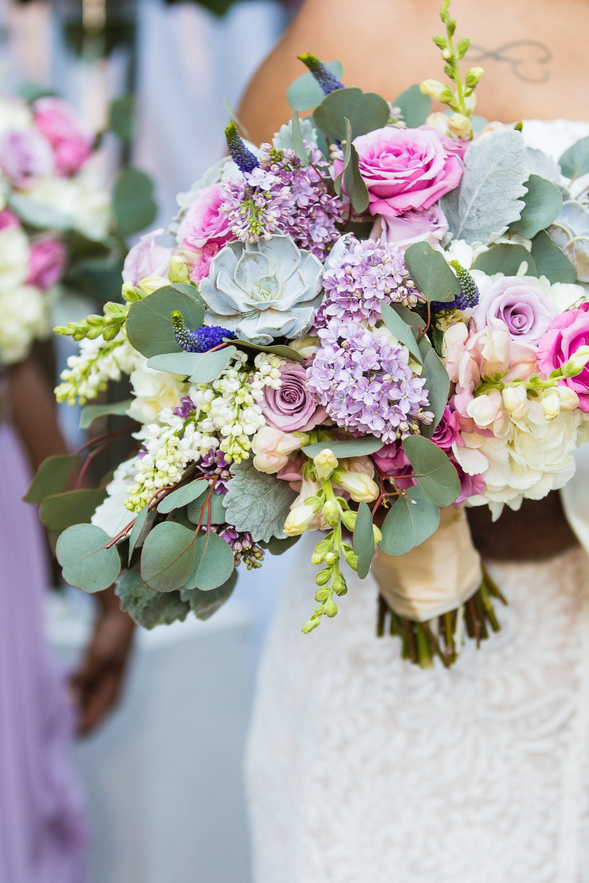 pink, purple, lavender and green bridal bouquet