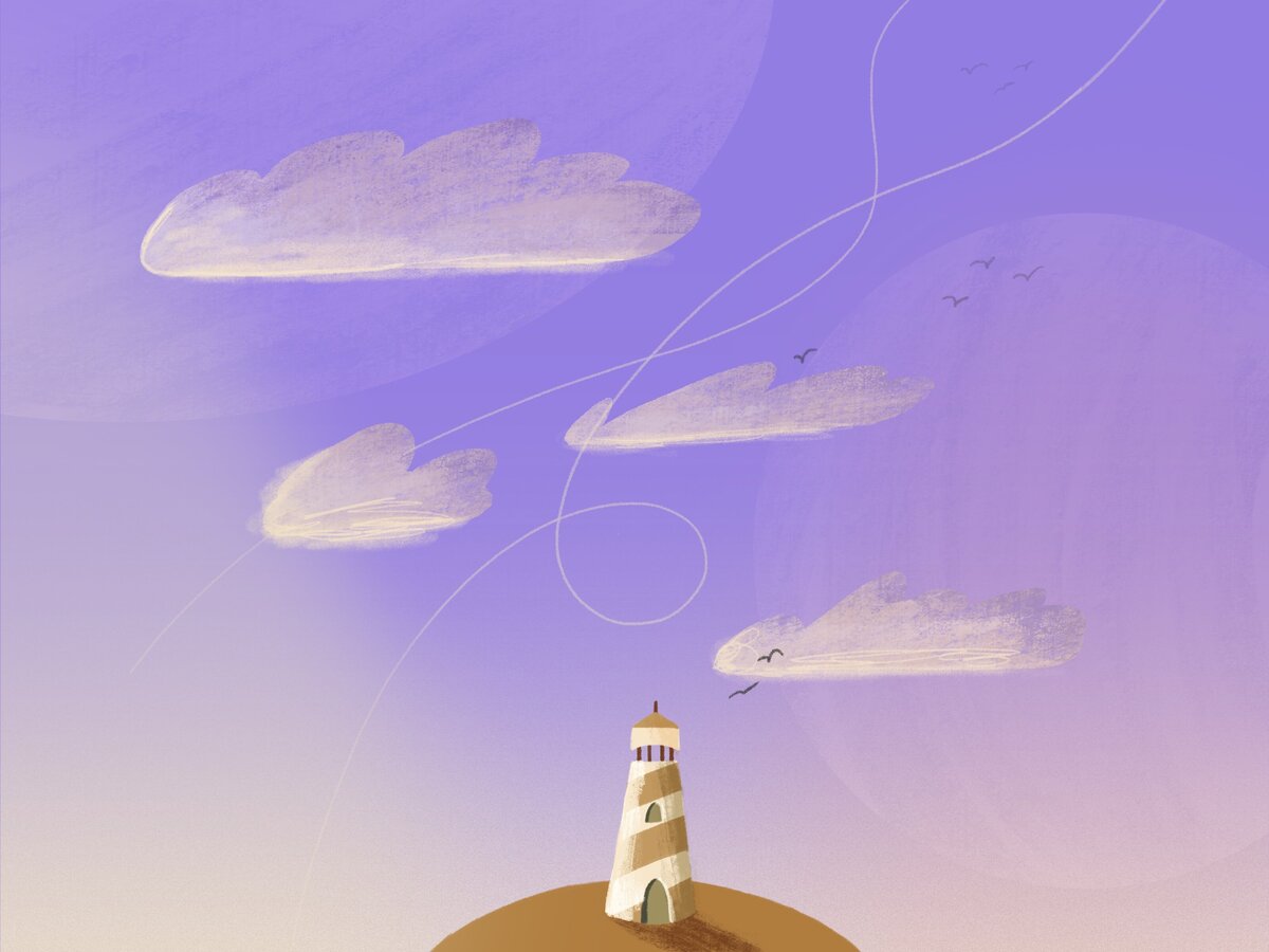 Whimsical digital illustrated clouds float above a lone lighthouse