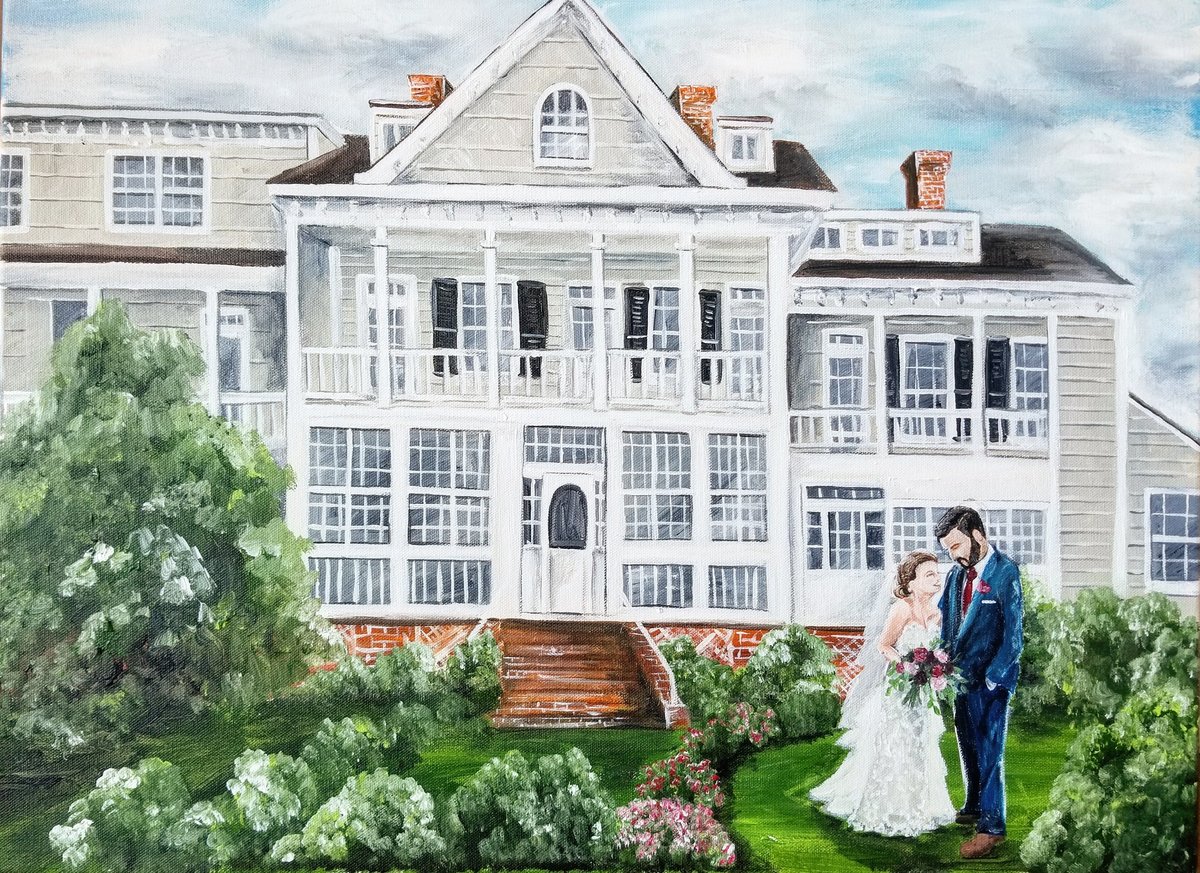Timeless live wedding painting in front of historic estate wedding venue