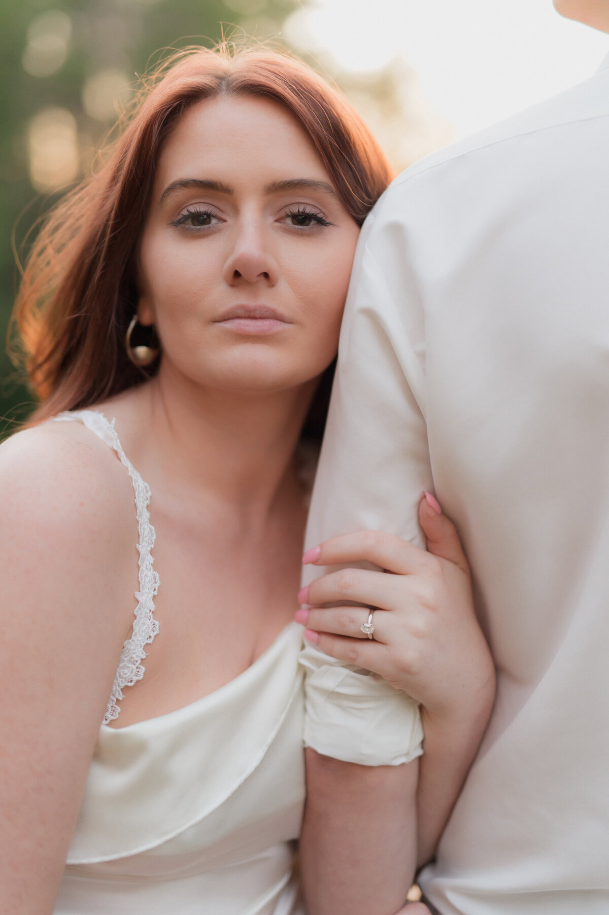 french countryside estate engagement session in ipswich massachusetts. women with red hair and white dress for fine art portraits in New England.