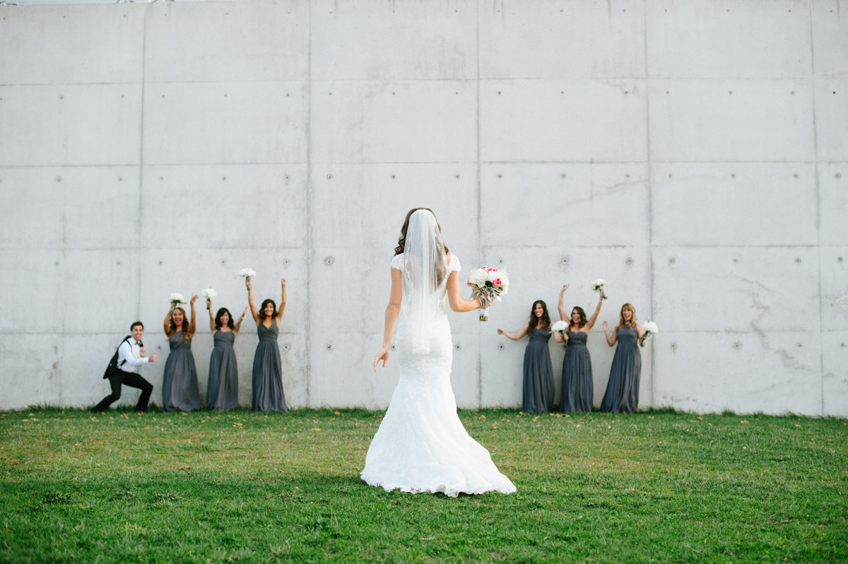Grey bridesmaid dresses at a Liberty House wedding in Liberty State Park