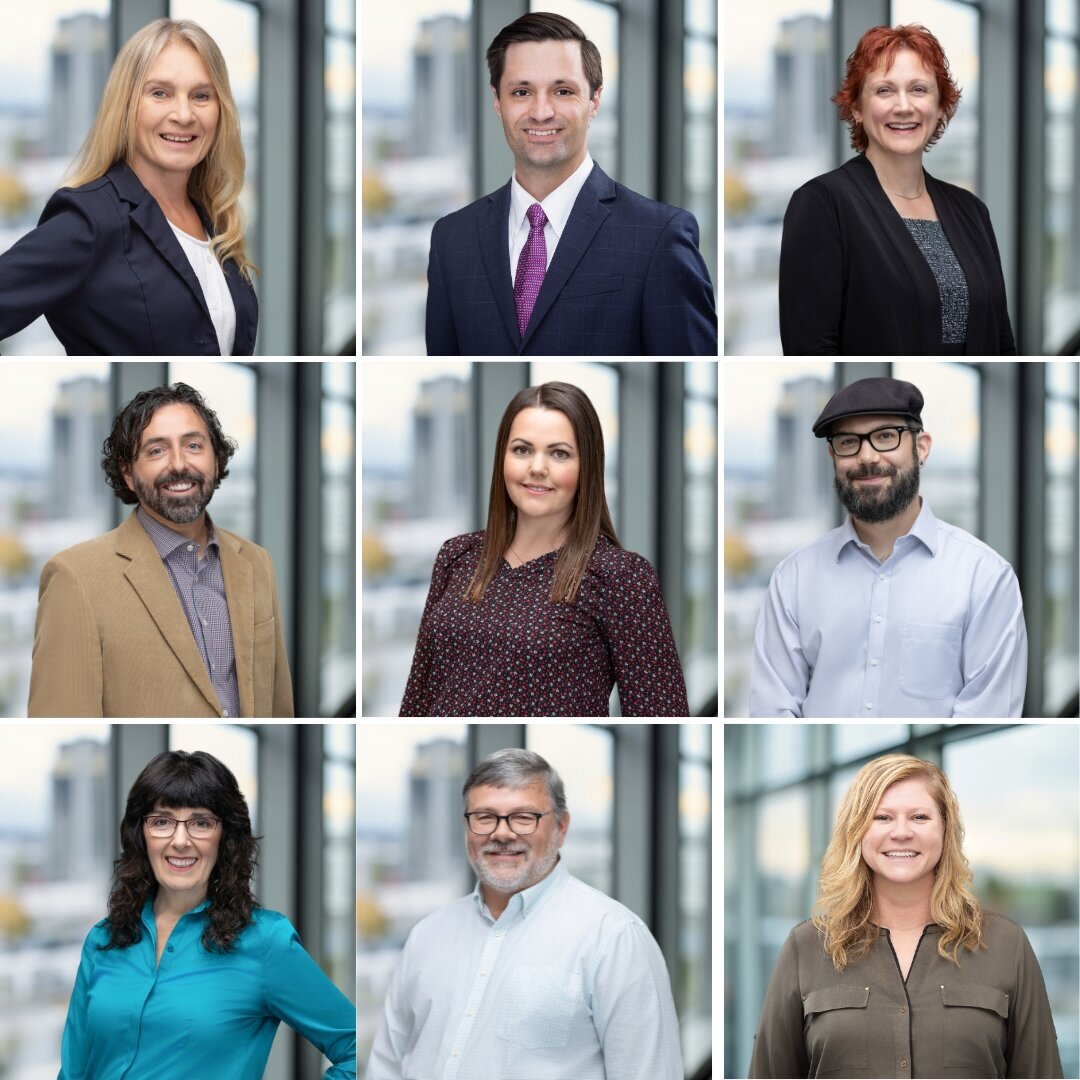 A collage of professional headshots featuring individuals in business attire, exuding confidence and approachability against a backdrop of city windows, captured by a Cincinnati headshot photographer in a well-equipped studio.