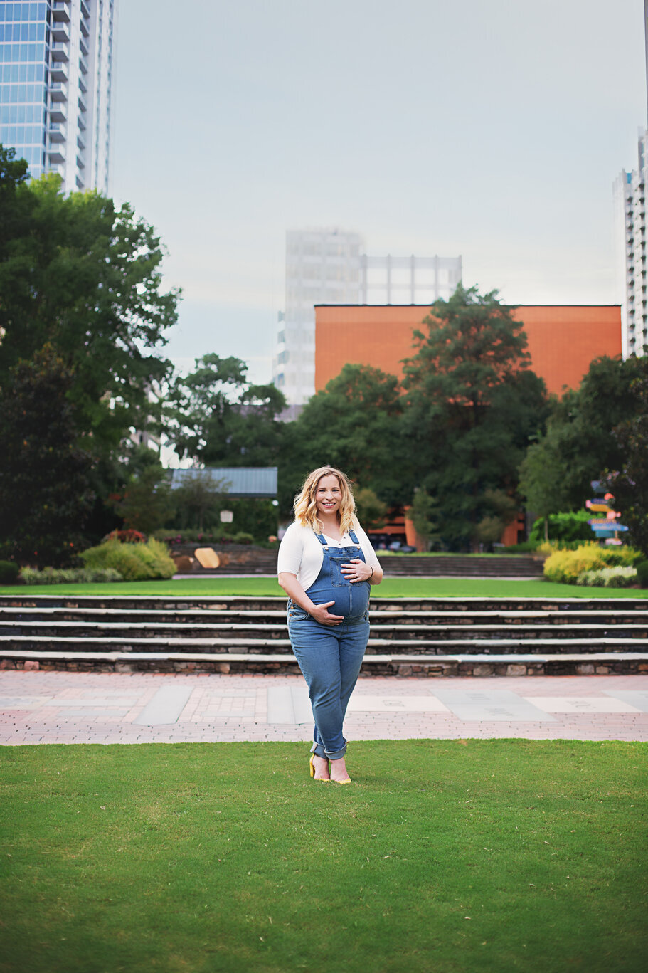 uptown maternity session charlotte the green in overalls