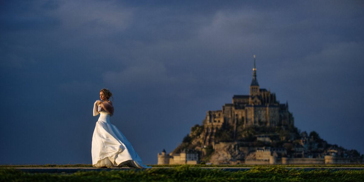 Bride in France on a chilly day