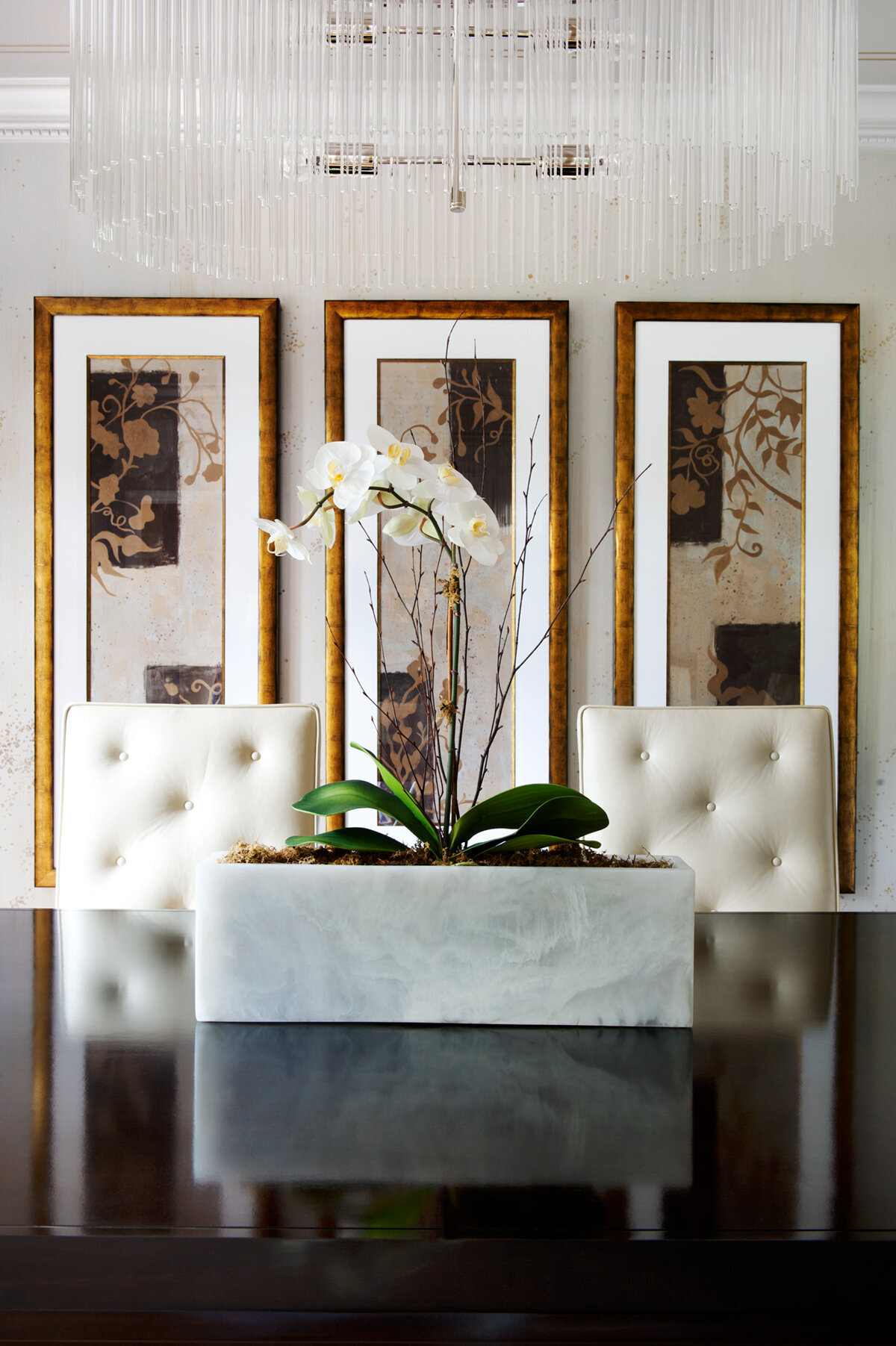 Panageries Residential Interior Design | Transitional Suburban Haven Formal Dining Room Orchid Center Piece back by Floral Modern Art