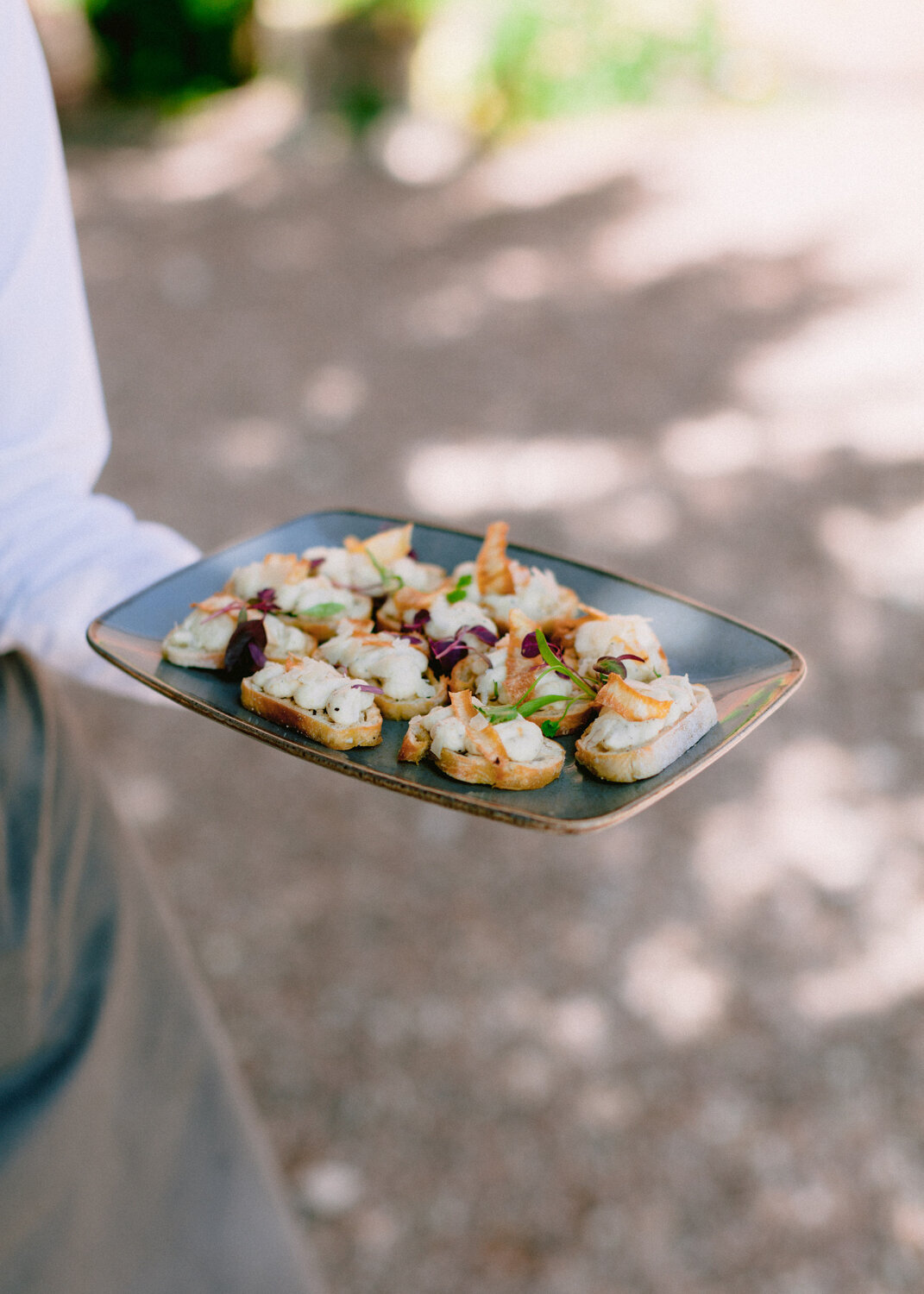 waiter carrying plate with canapés