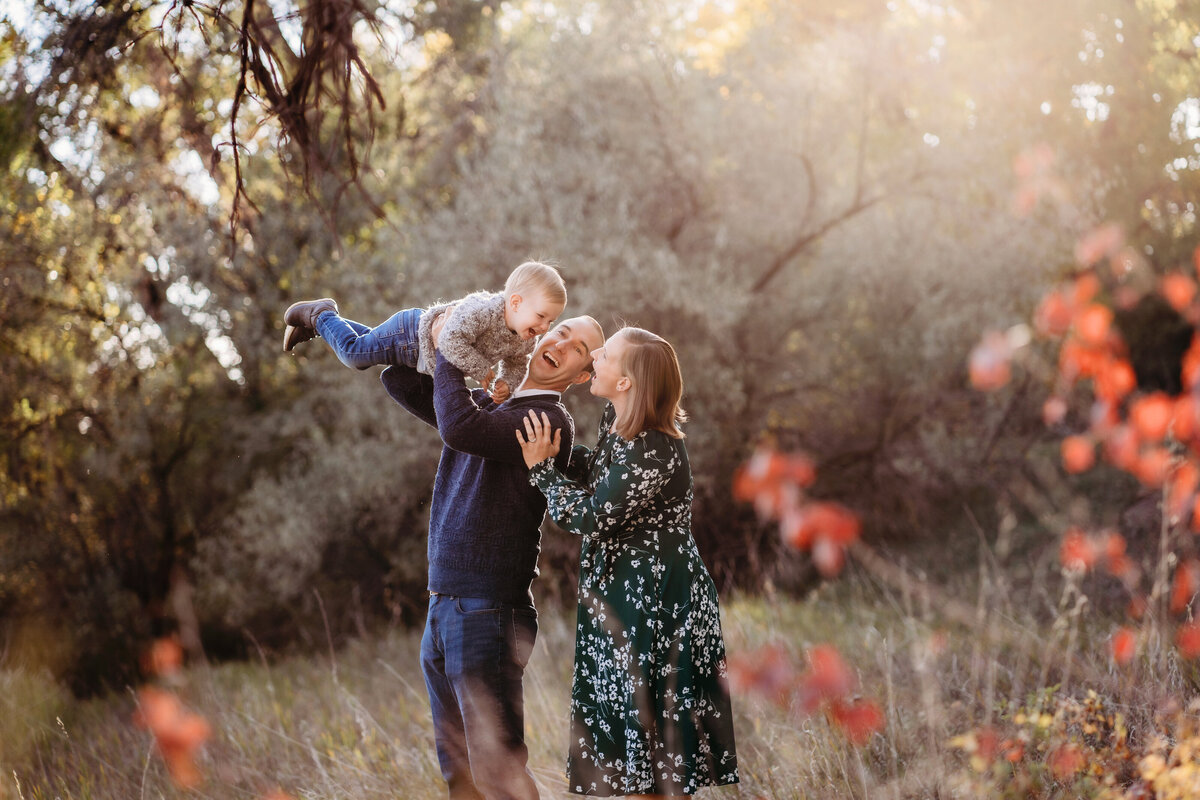 Rustic fall colors in family photo session in Denver Colorado. Dad lifts boy high in the air as they play together.